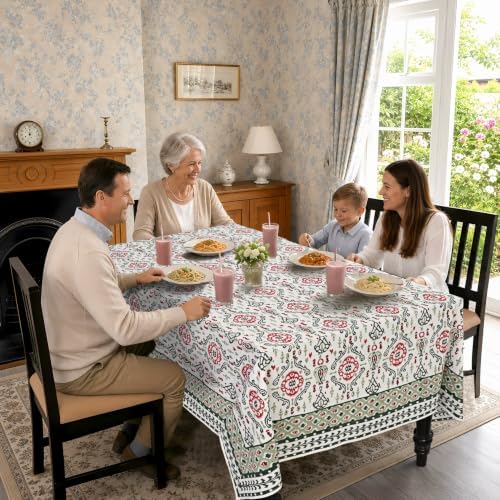 Ridhi Evergreen Ikat and Red Hand Block Print Cotton Rectangle Tablecloth 54x54 inch Reusable Table Cover Decorative Everyday Use for Dining Room, Farmhouse, Home Gift for Spring, Summer - Image 4