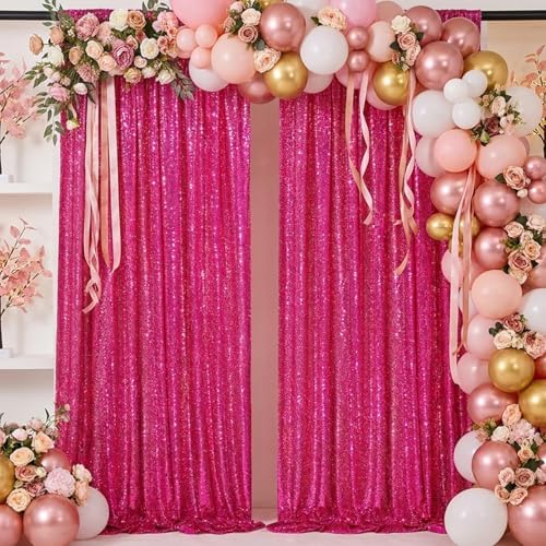 Glitter Fuchsia Backdrop Curtains for Birthday Party 2 Panels 3x8FT by QueenDream