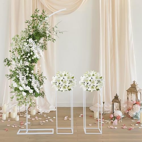Metal Wedding Arch Backdrop Stand, 6.56Ft Ballon Arch Stand and 2 Flower Stands, Half Arch Geometric Centrepieces Display Rack for Ceremony, Birthday, Party DIY Background Decoration (White) - Image 2