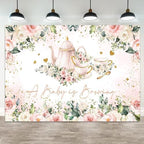 10x5ft Baby Shower Backdrop A Baby is Brewing Photography Background White Floral Pink Teapot Tea Party Theme Banner Decorations Rose Flower Green Leaf Golden Glitter Heart Photo Booth Prop by ASDCXZ