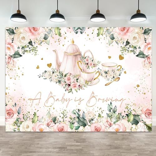 15x10ft Baby Shower Backdrop A Baby is Brewing Photography Background White Floral Pink Teapot Tea Party Theme Banner Decorations Rose Flower Green Leaf Golden Glitter Heart Photo Booth Prop by ASDCXZ