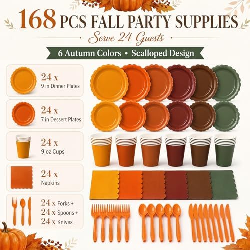 Yaomiao 168 Pcs Fall Party Supplies Autumn Dinnerware Plates Cups Napkins - Image 3