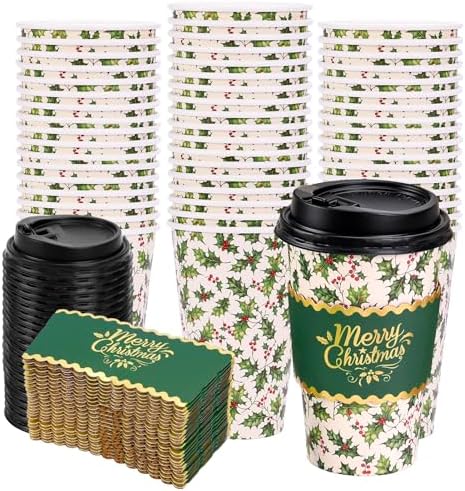 Whaline 50Pcs Christmas Disposable Coffee Cups with Lids and Sleeves Xmas Holly Berry Paper Drinking Cup for Winter Holiday Party Supplies by Whaline