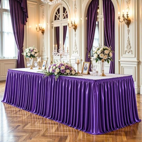 21ft Length Purple Satin Table Skirt for Rectangle Tables, Wrinkle Resistant Pleated Ruffle Table Cloth Glitter Desk Skirting for Weddings Banquet Birthday Party Bridal Shower Stage Decorations - Image 7