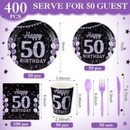 Pickmesh 400 Pcs 50th Birthday Party Supplies Purple Black Plates Serve 50 - Image 2