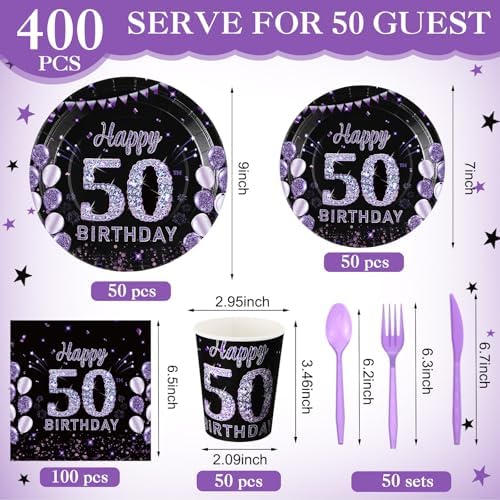 Pickmesh 400 Pcs 50th Birthday Party Supplies Purple Black Plates Serve 50 - Image 2