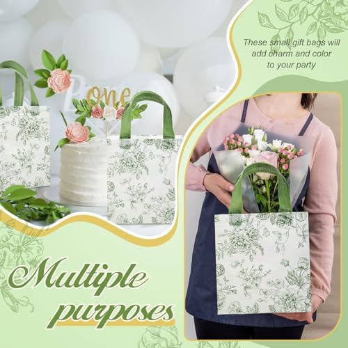 HunnmingRe 30 Pcs Sage Green Floral Gift Bags Floral Gifts Bag with Handles Bulk Wedding Bridal Shower Party Favor Non Woven Reusable Tote for Women Baby Shower Birthday Tea Fall Party Supplies - Image 3