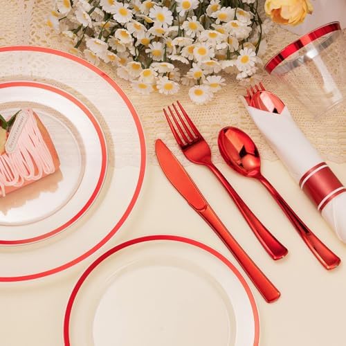 BESTSTAR 350PCS Clear and Red Disposable Plates Set for 50 Guests for Party - Image 2