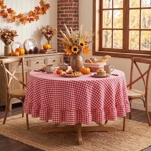 Eternal Beauty Gingham Ruffled Tablecloth Red White 90 Round Christmas Fall - Image 2