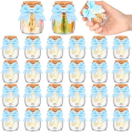 Funnymoom 24 Sets Baby Shower Bottles Favors for Guests Glass 100 ml Milk Jar with Ribbons and Stickers Decorations for Gender Reveal Newborn Centerpiece Party Favor (Blue,It's A Boy) by Funnymoom