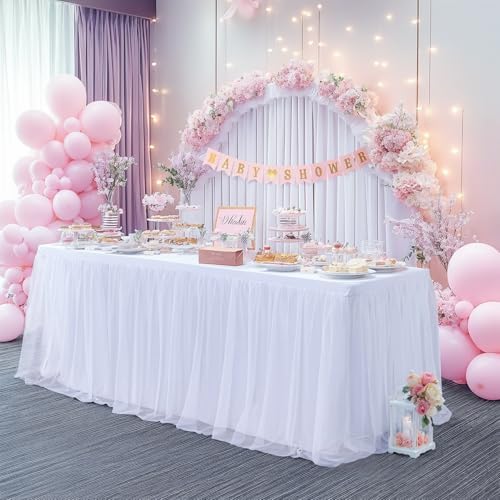 White Table Cloth Rectangle Table Covers for 6 Foot Tables, White Tulle Table Skirt Rectangle Table 6ft Stretch Tulle Tablecloth Skirt Fitted Elastic Banquet Party Wedding Table Cloth for 6 Foot Table - Image 6