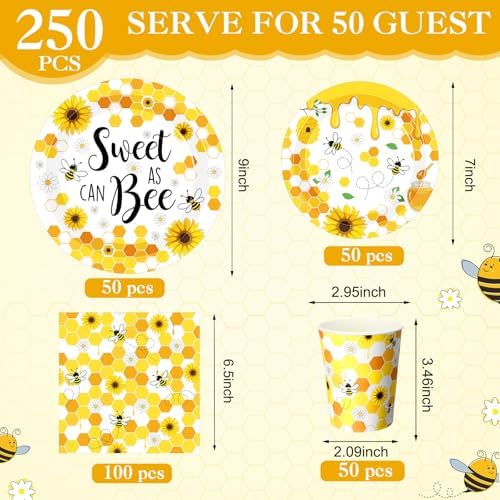Funnymoom 250 Pcs Bee Paper Plates Napkins Cups for Baby Shower Serves 50 - Image 3