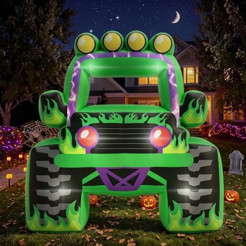 Junkin 6 x 5 FT Monster Truck Inflatable Photo Booth Frame with LED Lights, Giant Racing Truck Photo Prop, Birthday Party Decorations, Baby Shower Decor, Racing Theme Party Supplies (Lightning,Green) by Junkin