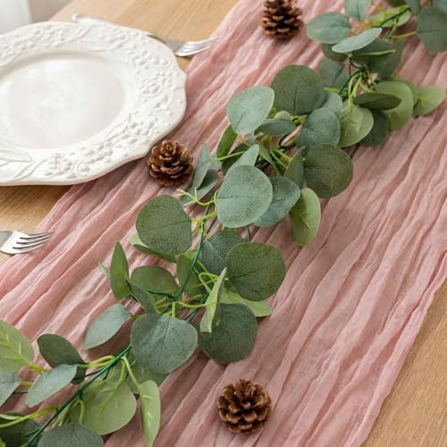 Leinuosen 8 Set 10 Ft Light Pink Cheesecloth Table Runner Wedding Decor with 6 Ft Eucalyptus Garland, Boho Gauze Table Centerpiece Runner for Wedding Baby Shower Birthday Party Decoration - Image 3