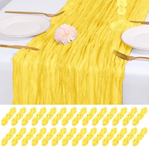 28 Pack Lemon Yellow Cheesecloth Table Runner 17x108 Inch Semi Sheer Boho Gauze Cheese Cloth Fabric Table Runners, for Wedding Party Baby Shower Birthday Home Decor Garden Farmhouse by Unknown