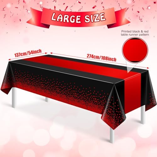 MASHAN 12Pcs Black and Red Tablecloth Party Decorations,Plastic Black Table Cloth Printed Red Table Runner Disposable Rectangle Cover for Birthday Weeding Anniversary Graduation Party,54 x108 Inch - Image 2