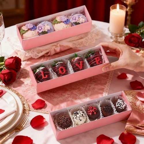 TEMLQPACK 50Pack Pink Chocolate Covered Strawberry Box for 4, Macaron boxes, Long Treat Box for Truffles, Cookies, Ores, Chocolate Cocoa Bombs&Cake Ball Bakery Packaging Supplies - Image 4