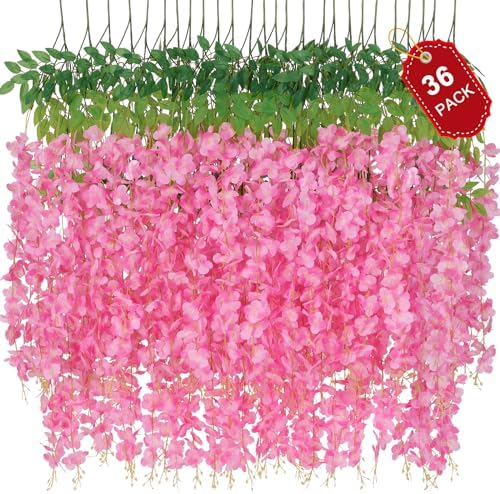 Waipfaru 36 Pack Wisteria Hanging Flowers, 3.6 Feet/Pcs Pink Wisteria Artificial Flowers, Fake Flowers Garland, Hanging Vines for Bedroom Wedding Home Party Wall Decoration by Waipfaru