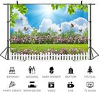 15x8ft Spring Backdrop Blue Sky White Cloud Photography Background Green Grass Flowers Butterfly Garden Fence Wedding Party Banner Decorations Birthday Baby Shower Portrait Photo Booth Prop - Image 5