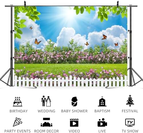 10x5ft Spring Backdrop Blue Sky White Cloud Photography Background Green Grass Flowers Butterfly Garden Fence Wedding Party Banner Decorations Birthday Baby Shower Portrait Photo Booth Prop - Image 5