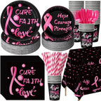 Funnymoom 452 Pcs Breast Cancer Awareness Decoration Black Pink Cure Faith Love Paper Plates Napkins Cups Tablecloth Cutlery Straws for Breast Cancer Awareness Month Women Charity Activities Supplies by Funnymoom