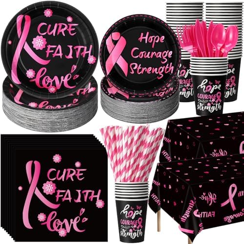 Funnymoom 452 Pcs Breast Cancer Awareness Decoration Black Pink Cure Faith Love Paper Plates Napkins Cups Tablecloth Cutlery Straws for Breast Cancer Awareness Month Women Charity Activities Supplies by Funnymoom