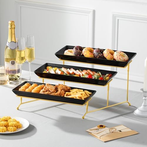 MALACASA 3 Tier Serving Trays for Party, 14 Inch Porcelain Black Trays for Serving Food, Dessert Stand with Collapsible Gold Metal Rack - Image 6