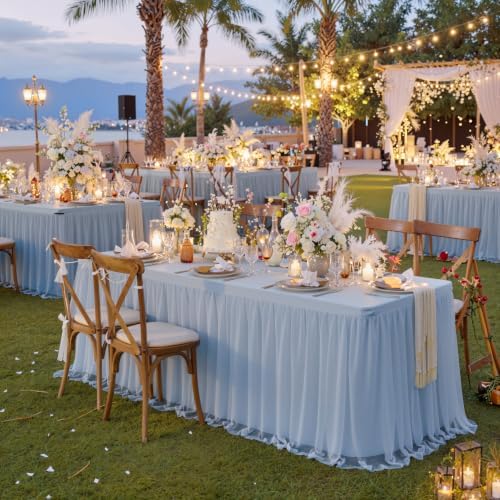 familus Dusty Blue Table Cloths 6 Foot Rectangle 2 Pack Stretch Ruffle Tulle Tablecloth Spandex Fitted Table Cover for 6 Foot Tulle Table Skirts for Party Wedding Table Cloths, Banquets by familus