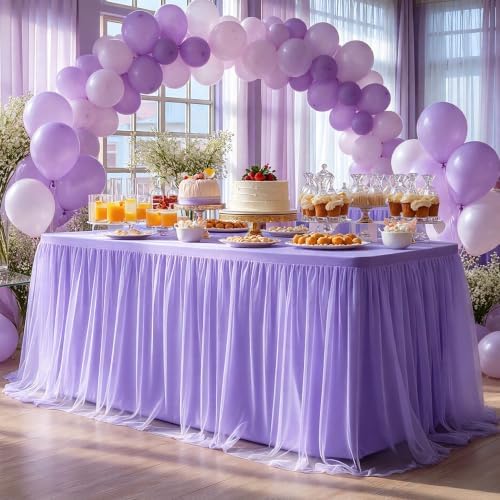 Wish Care Lavender Tulle Tablecloth for 6 Foot Rectangle Tables Stretch Fitted Rectangular Table Cloths Purple Wrinkle Free Ruffle Table Covers Tutu Desk Skirt for Wedding Birthday Baby Shower Party by WishCare