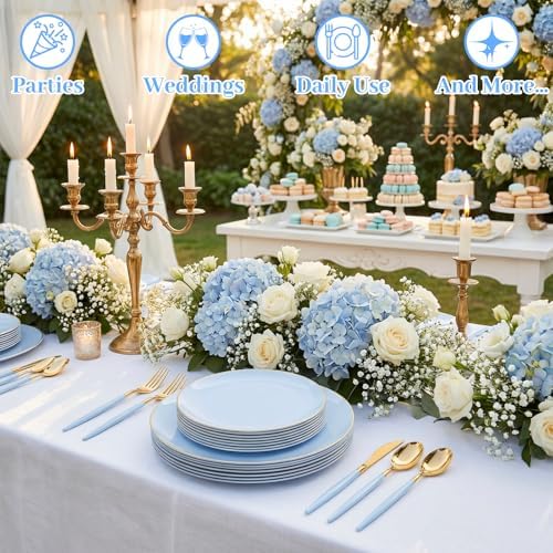 DaYammi 150Pcs Blue Plastic Plates with Gold Rim,Disposable Blue Party Plates Include 30 Dinner Plate,30 Salad Plate,30 Forks,30 Knives,30 Spoons,Fancy Disposable Platos for Party,Wedding,Baby Shower - Image 6