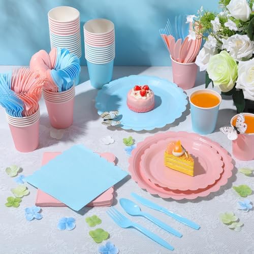Ziliny 350 Pcs Pink Blue Plates and Napkins, 50 Guest Spring Party Supplies Include Scalloped Paper Plates Napkins Cups Plastic Spoons Forks Knives Disposable Tableware Set for Baby Shower - Image 5