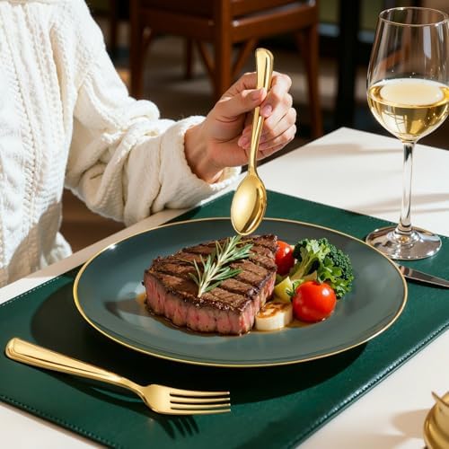 WDF 150Pcs Green Plastic Plates - Green Plates Disposable with Gold Rim - 25Guest Disposable Dinnerware Include 50 Plastic Plate 75 Gold Cutlery 25 9oz Cups for Wedding/Party/Birthday - Image 5