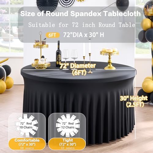 6 Pack Black Round Spandex Tablecloth for 72 inch Table, Wrinkle Free Stretchy 132inch Fitted 6FT Round Table Cloths Cover with Skirt for Wedding Birthday Party Graduation Banquet Events - Image 6