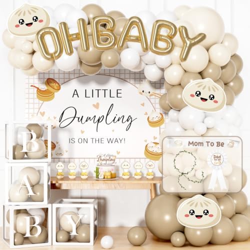 Hombae Dumpling Baby Shower Decorations, A Little Dumpling Is on the Way Party Decorations Kit with Backdrop, Balloon Garland, Boxes, Mom to Be Sash, Headband for Baozi Theme Baby Shower by Hombae