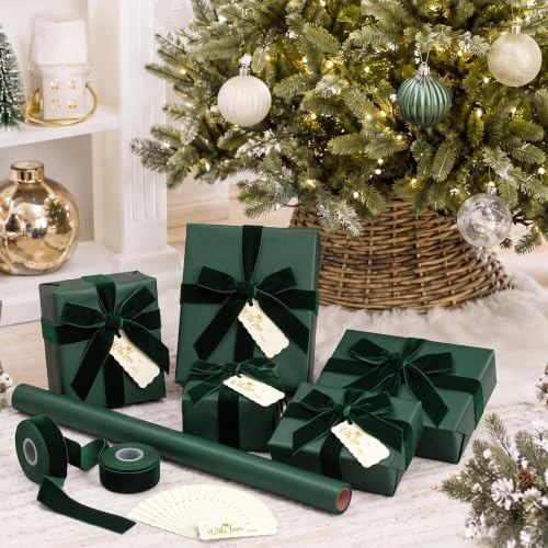Matte Green Christmas Kraft Wrapping Paper 45 ft Velvet Ribbon 12 Gift Tags - Image 7