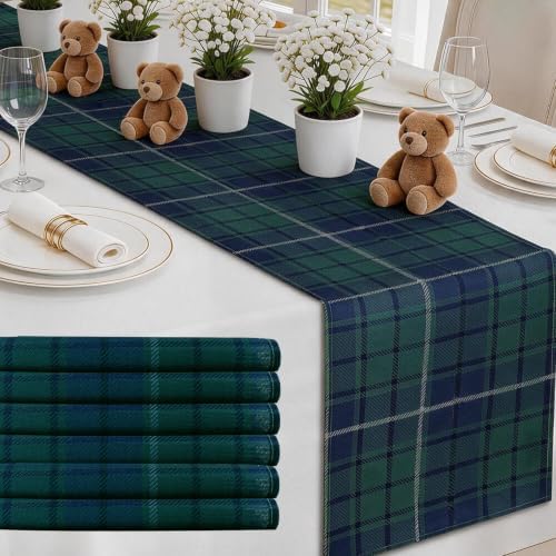 6 Pcs 72 X 13 Tartan Plaid Table Runner, Green Blue Tartan Baby Shower - Image 3
