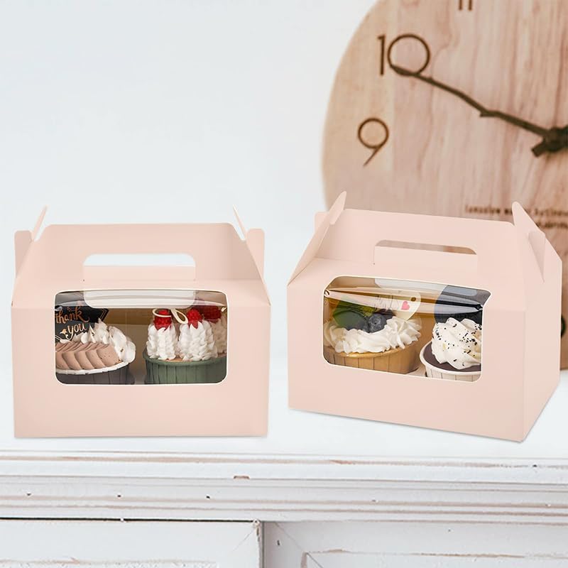 100Pcs 16.5×9.5×9cm/6.49×3.74×3.54 inch Kraft Paper Cupcake Packing Box Christmas Gift Box with Clear Window 2 Cavity Muffin Cupcake Wedding Party Birthday Favors (100Pcs Pink) - Image 7