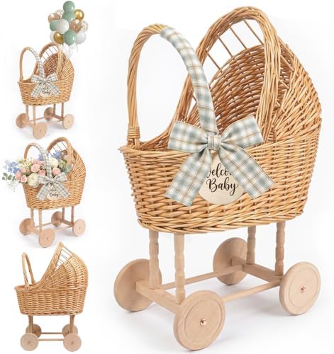 Vintage Wicker Baby Carriage for Baby Shower with Sage Green Bow & Balloons by Unknown