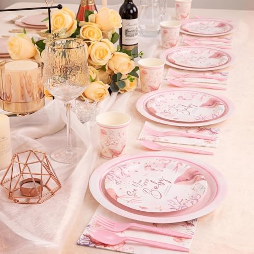 LemonRoad 175 Pcs Pink Sea You Soon Baby Shower Party Supplies Set Under The Sea Party Including Disposable Paper Plates Napkins Cups Spoons Forks Suitable for Beach Weddings Bachelorette - Image 5