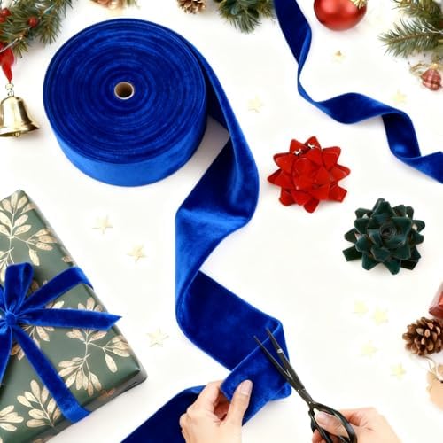 Meseey 4 Inch 50 Yards Royal Blue Velvet Wired Ribbon - Premium Soft Velvet Ribbon with Wire Edges for Christmas Tree Decor, Wedding, Party, Gift Wrapping, DIY Crafts - Image 2