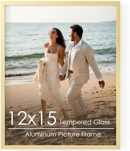 FLYJOE 12x15 Metal Picture Frame - Gold Aluminum Picture Frames with Real Glass, Wall Mounting Horizontally or Vertically, Diploma, Certificates for Wall Gallery Poster Photo 15x12 Frame, Gold by FLYJOE
