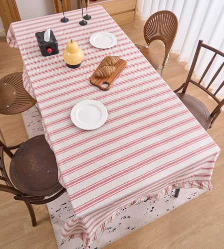 vctops Farmhouse Red Stripe Ruffle Table Cloth, Boho Cotton Linen Tablecloth, Washable Table Cover for Rectangle Table Baby Shower Kitchen Party Wedding Decor (Red A,70"x102") - Image 4