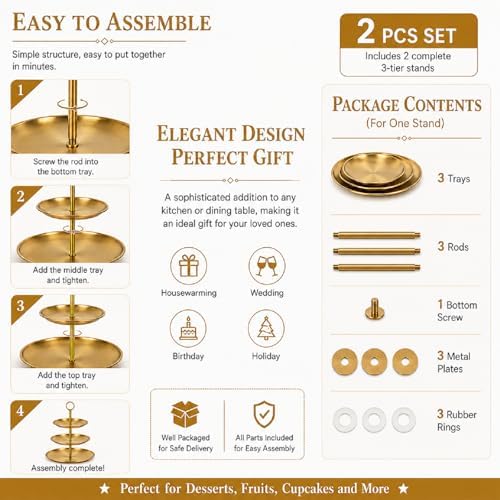 ABuff 3 Tiered Gold Cupcake Stand 2 Pack Stainless Steel Gold Tiered Dessert Stand Cupcake Display Tower 3 Tier Serving Tray Cake Stand for Baby Shower Birthday Party Wedding - Image 3