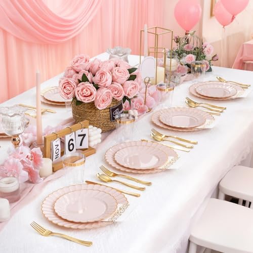 YOUBET 60PCS Pink Scalloped Plastic Plates for Party Wedding Baby Shower - Image 3