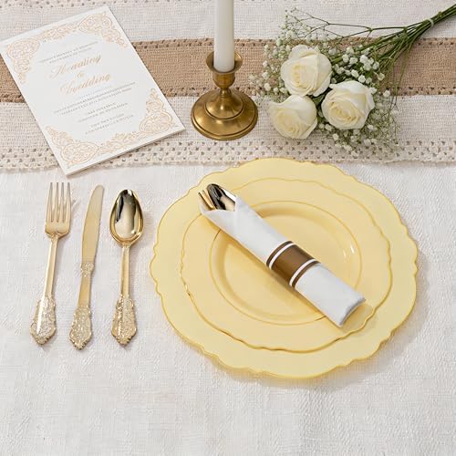 Liacere 350PCS Yellow Plates - Yellow Disposable Plastic Plates With Gold Rim-50Guest Plastic Dinnerware include 100 Plates,50 Pack Pre Rolled Napkins with Silverware 50Cups for Wedding＆Party - Image 4