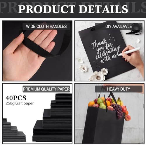 PerKoop 80 Pack Kraft Gift Bags with Handles 4 Sizes,Vertical,Black - Image 3