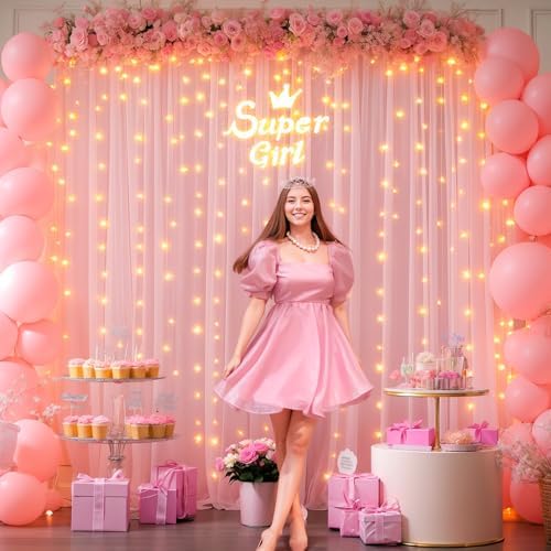 Wish Care 20x10FT Pink Wrinkle Free Backdrop Curtains with Lights String for Parties - Photo Curtain Backdrop with Lights for Wedding Decorations, Bridal Baby Shower Birthday Party Photography - Image 7