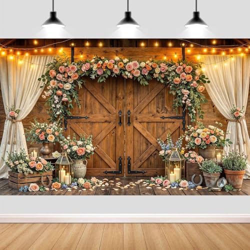 20x10ft Western Wedding Backdrop Rustic Barn Door Photography Backdrop Farmhouse Pink Flower Cabin Wooden Birthday Baby Shower Country Anniversary Bridal Party Banner Photo Booth Props Background - Image 5