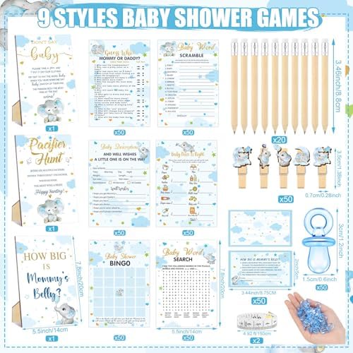 476 Pcs Blue Elephant Baby Shower Games, 9 Style Baby Shower Activities - Image 3