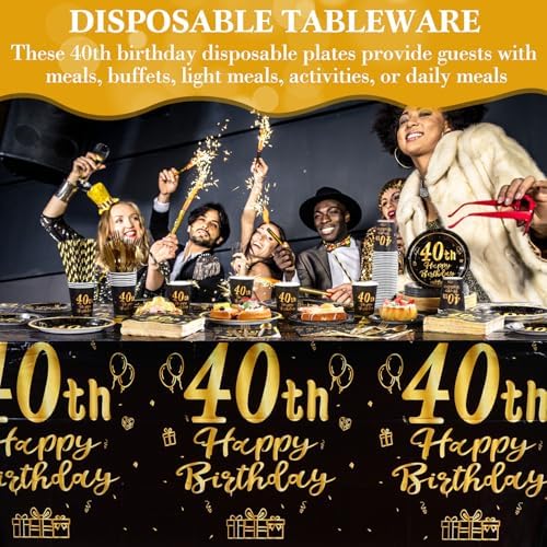Funnymoom 452 Pcs 40th Birthday Party Decorations Set for Men Women, Black and Gold Happy 40th Birthday Paper Plates Napkins Cups Tablecloth Cutlery Straws for Cheers to 40 Years Anniversary Party - Image 5
